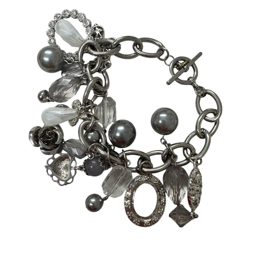 Silver Tone Chunky Charm Bracelet Hearts Rose Rhinestone